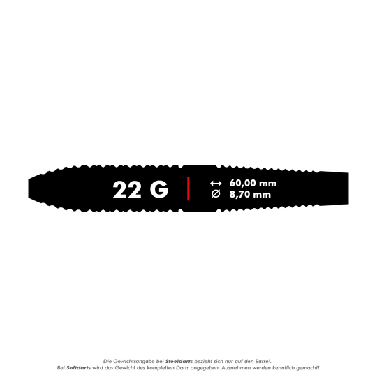 Das Bild zeigt die Produkteigenschaften der "Target Luke Littler Brass Steeldarts - 22g". Die Darts wiegen 22 Gramm, sind 60,00 mm lang und haben einen Durchmesser von 8,70 mm.