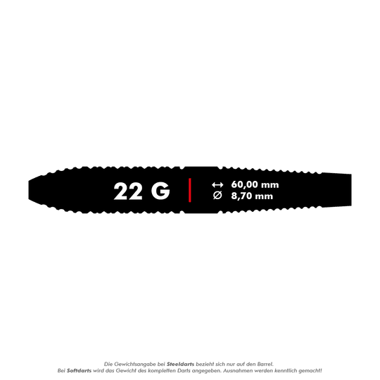 Dardos de acero de latón Target Luke Littler - 22 g Das Bild zeigt die Produkteigenschaften der "Target Luke Littler Brass Steeldarts - 22g". Die Darts wiegen 22 Gramm, sind 60,00 mm lang und haben einen Durchmesser von 8,70 mm.