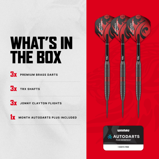 Dardos de acero Red Dragon Jonny Clayton Core Brass - 21 g Abgebildet sind die Red Dragon Jonny Clayton Core Brass Steeldarts - 21g. Die Darts liegen in einer Reihe und ihre Spitzen sind gut sichtbar.