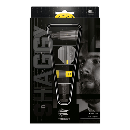 Dardos Target Scott Williams Shaggy negros suaves - 20 g Das Bild zeigt die Verpackung der "Target Scott Williams Shaggy Black Softdarts - 20g". Die Darts bestehen zu 90% aus Wolfram und haben eine schwarze und gelbe Optik.