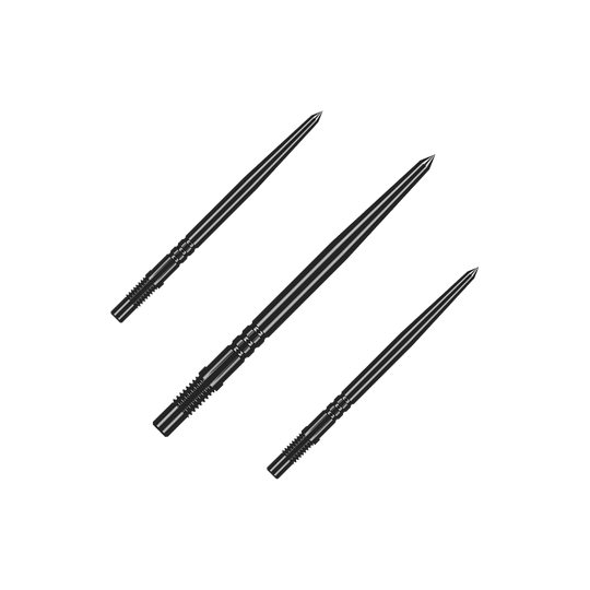 Puntas de dardo Shot Turbo Point - Negras Mehrere schwarze Dartspitzen gleicher Bauart liegen nebeneinander. Die Spitzen sind ein Zubehör für Steeldarts.