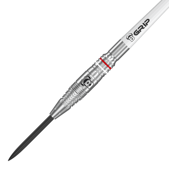 Dardos de acero Bulls Niko Springer Das Bild zeigt einen Bulls Niko Springer Steeldart. Der Dart ist silberfarben mit einem gezackten Griff und einem schwarzen Spitzenteil.