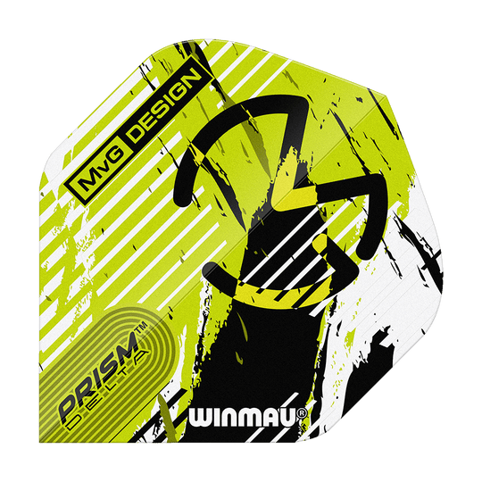 Vuelos estándar Winmau Delta Michael Van Gerwen Prism 03 Das Bild zeigt ein Winmau Delta Michael Van Gerwen Prism 03 Standard Flight. Das Design ist in Gelb, Schwarz und Weiß gehalten und trägt die Aufschrift „MvG Design“ sowie „Prism Delta“.