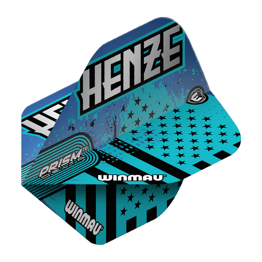 Vuelos estándar Winmau Prism Delta Rick Henze Das Bild zeigt die Winmau Prism Delta Rick Henze Standard Flights in einem auffälligen blauen Design mit schwarzen Sternen und Streifen. Auf den Flights steht der Name "Henze" und das Winmau-Logo ist deutlich sichtbar.