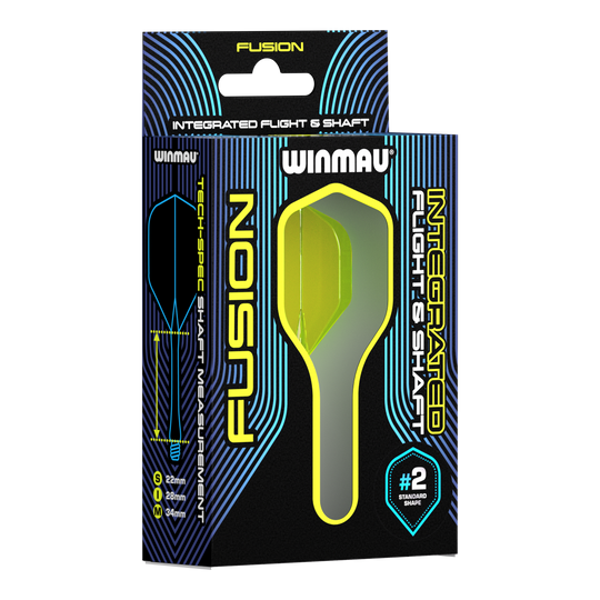 Sistema de eje de vuelo Winmau Fusion estándar amarillo Auf dem Bild ist eine Verpackung des Winmau Fusion Integrated Flight & Shaft Systems zu sehen. Die abgebildeten Flights und Shafts sind in Gelb und haben eine Länge von 22 mm.