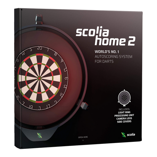 Sistema de puntuación automática electrónica Scolia Home 2 con anillo de iluminación 2026 Auf dem Bild ist die Verpackung des Produkts "Scolia Home 2 Electronic Score System mit Beleuchtungsring" zu sehen. Es handelt sich um ein automatisches Zählsystem für Dartspiele mit Licht, Kamerabeinen und Abdeckungen.