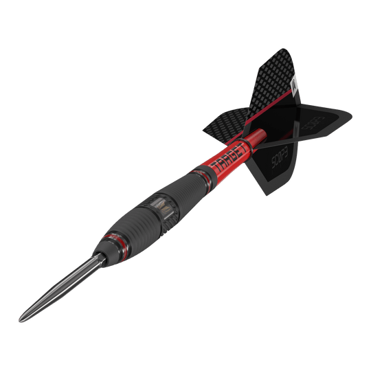 Dardos de acero Target Scope 03 Swiss Point Das Bild zeigt einen Target Scope 03 Swiss Point Steeldart mit schwarzem und rotem Design. Der Dartpfeil hat eine stabile Stahlspitze und aerodynamische Flügel.