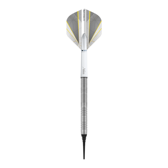 Dardos blandos Red Dragon Seren 1 Pure - 20 g Das Bild zeigt einen Red Dragon Seren 1 Pure Softdart mit einem Gewicht von 20 Gramm. Der Dart ist silberfarben und hat eine weiße und gelbe Flight.