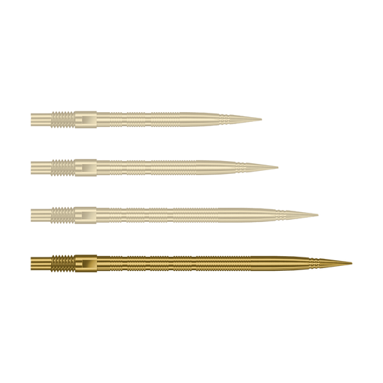 Puntas de dardos Harrows Quick Point Micro Ridge - Doradas Hier sieht man eine einzelne Harrows Quick Point MicroRidge Dartspitze in Gold, 40mm. Sie liegt auf einem hellen Hintergrund.