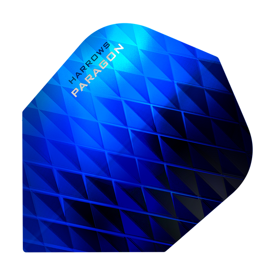 HR7601_Harrows_Paragon_Blue_No2_Standard_Flights_1 Das Bild zeigt das Produkt "Harrows Paragon Blue No2 Standard Flights". Es handelt sich um ein Dart-Flugblatt mit einem auffälligen blauen, geometrischen Muster.