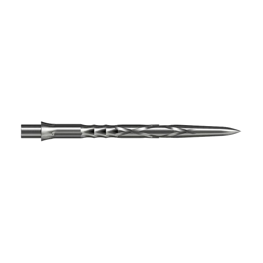 Puntas de dardos de acero Caliburn System - HAN G2 - Plata Auf dem Bild ist eine silberne Steeldartspitze mit eingedrehtem Muster zu sehen. Sie ist lang und schmal mit einer spitzen Spitze.
