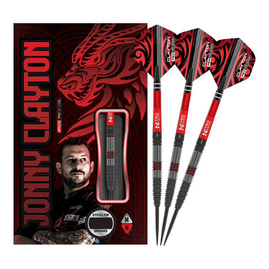 Das Bild zeigt das Produkt "Red Dragon Jonny Clayton Hiraeth Steeldarts" mit drei Steeldarts und einer auffälligen Verpackung. Auf der Verpackung sind ein Porträt von Jonny Clayton und ein roter Drachen abgebildet.