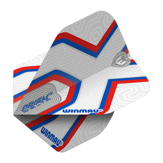 Vuelos estándar Winmau Prism Delta Epix No2 Das Bild zeigt die Winmau Prism Delta Epix No2 Standard Flights. Die Flights sind hauptsächlich weiß mit roten und blauen Streifen sowie dem Winmau-Logo.