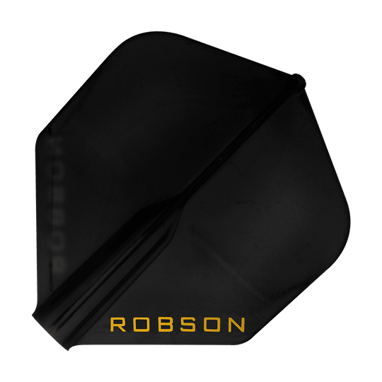 Plumas Robson Plus - Estándar Dies ist ein schwarzes Dartflight mit der Aufschrift "ROBSON" in gelber Farbe. Das Flight hat eine Standardform und wirkt robust.