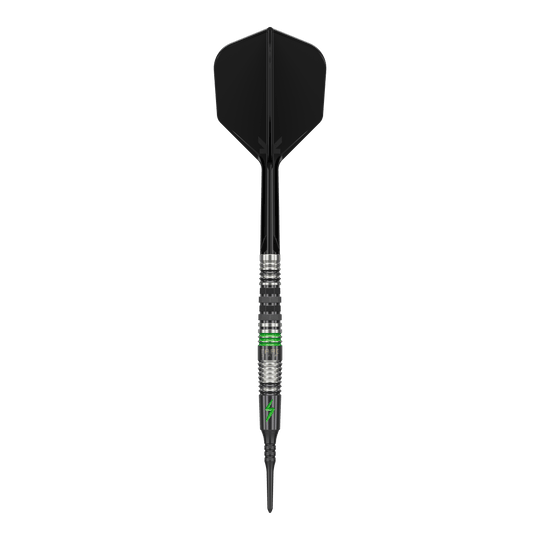 Dardos blandos Target Japan Black Marque Lightning 3 - 19 g Dieses Bild zeigt einen Softdart mit dem Namen "Target Japan Black Marque Lightning 3" mit einem Gewicht von 19g. Der Dart ist überwiegend schwarz mit silbernen und grünen Akzenten gestaltet.