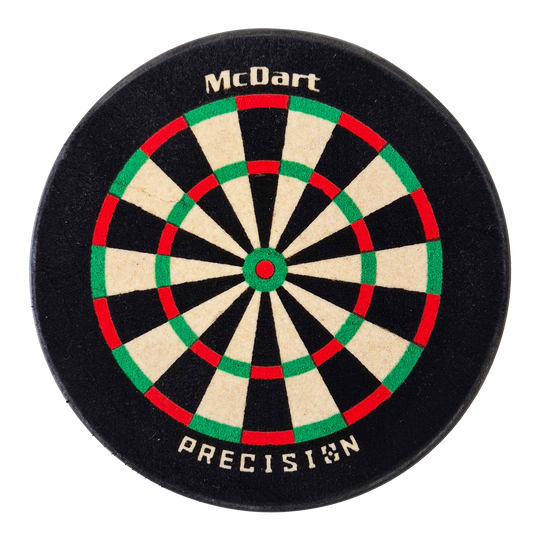Porta dardos McDart Precision Mini Das Bild zeigt eine kleine, runde Dartscheibe mit der Aufschrift „McDart“ und „PRECISION“. Die Scheibe hat die klassischen Farben Weiß, Schwarz, Rot und Grün.