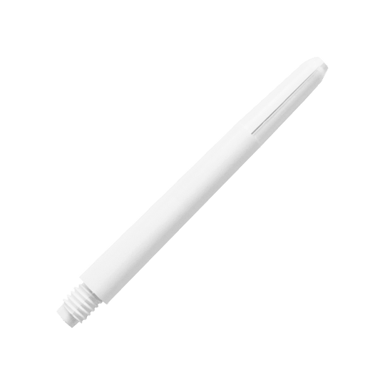 583_Nylon_Shafts_Schneeweiss_48mm_2IoLw3kXGA4734 Das Bild zeigt einen weißen Nylon-Schaft mit Gewinde am Ende. Der Schaft ist schlank und hat eine glatte Oberfläche.