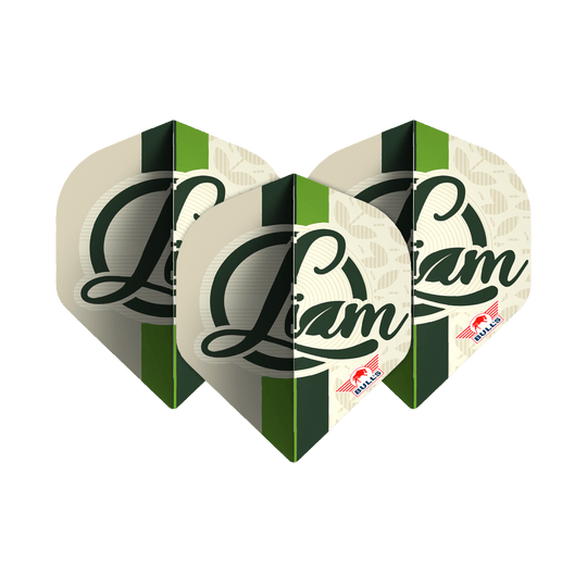 Bulls NL Jugador 100 Liam Maendl Lawrance No2 Vuelos Estándar Das Bild zeigt drei Dart-Flights mit dem Namen "Liam" in grüner Schrift darauf. Unten rechts befindet sich das rote Bulls NL Logo.