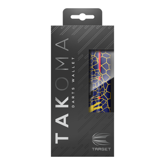Estuche para dardos Target Takoma Josh Rock Dies ist das Target Takoma Josh Rock Dartcase in einer eleganten schwarzen Verpackung. Durch das Sichtfenster sieht man das Design des Dartcases mit einem blauen und gelben Wabenmuster.