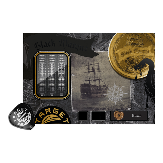 Dardos de acero Target Japan Black Marque Blaze Swiss Point - 23 g Das Bild zeigt die Target Japan Black Marque Blaze Swiss Point Steeldarts - 23g. Die Darts sind für das Steeldart-Spiel konzipiert und haben ein elegantes, schwarzes Design.
