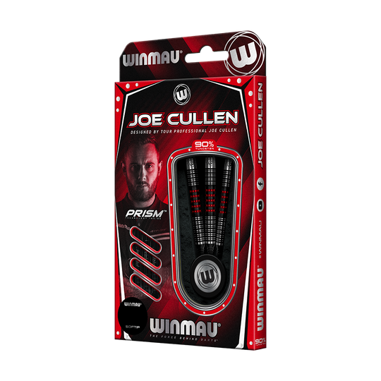 2443_Winmau_Joe_Cullen_90_Softdarts_3 Auf dem Bild ist eine Verpackung der "Winmau Joe Cullen Softdarts" zu sehen. Die Darts sind in einer rot-schwarzen Schachtel mit dem Bild eines Spielers und dem Namen "Joe Cullen" abgebildet.