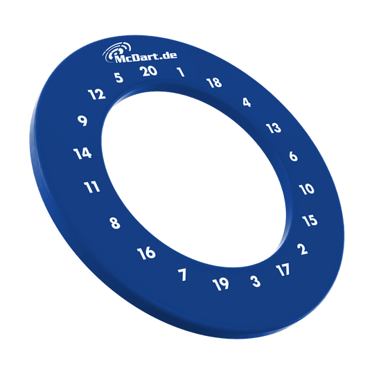 Das Bild zeigt einen Artikel für Dartspieler. Es scheint eine weitere Ansicht einer blauen HD Zahlen Surround von McDart zu sein.