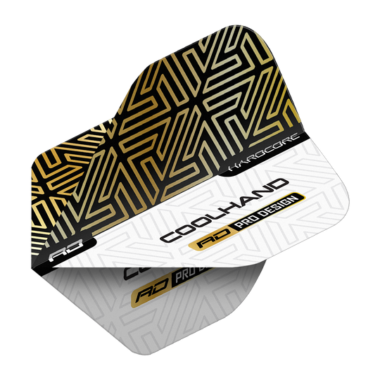 Vuelos estándar premium Red Dragon Hardcore Luke Humphries Gold White Das Bild zeigt ein Dartflight mit einem gold-schwarzen und weißen geometrischen Muster. Auf dem Flight stehen die Wörter "COOLHAND", "RD PRO DESIGN" und "HARDCORE".