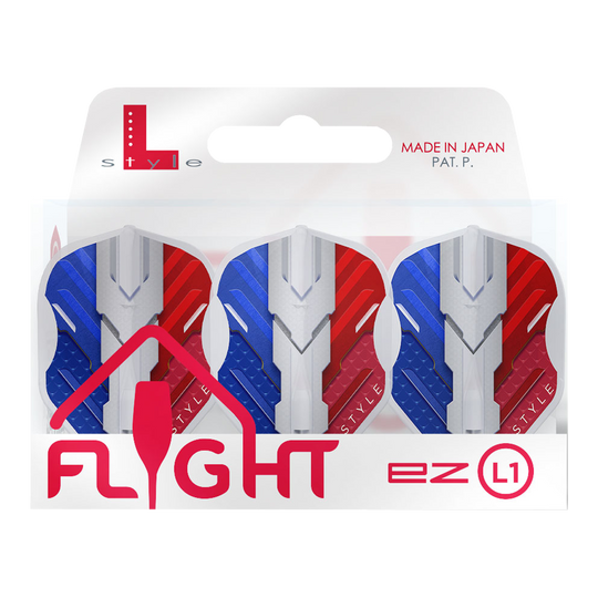 Vuelos L-Style V-Series V1 Tipo B Francia Blanco transparente L1EZ Das Bild zeigt eine Packung L-Style V-Series V1 Type B France Clear White L1EZ Flights. Die Flights sind in den Farben Blau, Weiß und Rot gestaltet und werden in Japan hergestellt.