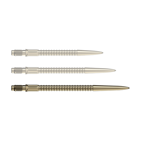 Puntas de dardo Mission R2.5 Rapid Point GV1 - Oro Zu sehen ist eine einzelne goldene Dartspitze der Serie Mission R25 Rapid Point mit 40mm Länge. Die Spitze ist für den Einsatz beim Dartspiel geeignet.