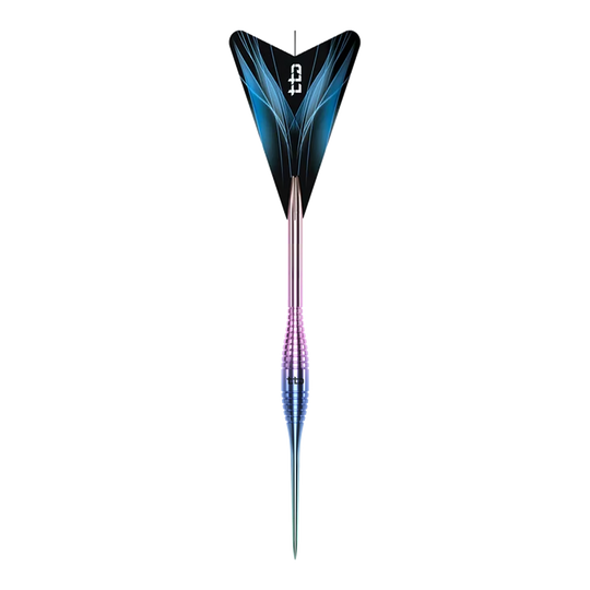 Das Bild zeigt die Caliburn TTD Complete Titanium T2 Rainbow Steeldarts mit einem Gewicht von 6g. Die Steeldarts haben ein auffälliges, regenbogenfarbenes Design.