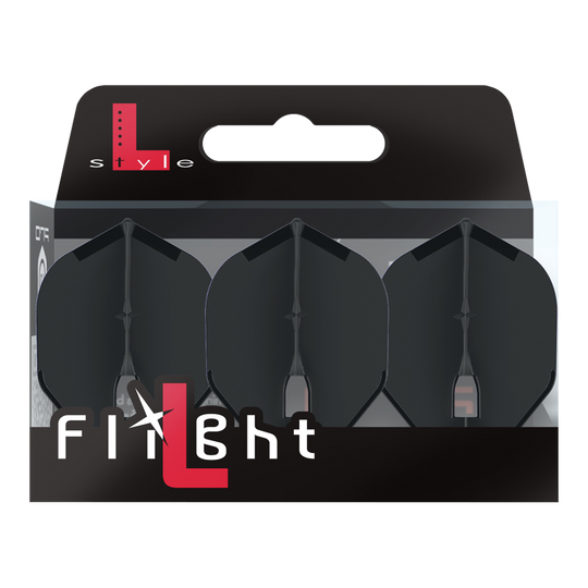 L-Style Champagne L1PRO Flights Auf dem Bild ist eine Packung mit drei schwarzen Dart-Flights der Marke L-Style zu sehen. Die Verpackung trägt die Aufschrift "Flight" und hebt das L-Style-Logo hervor.