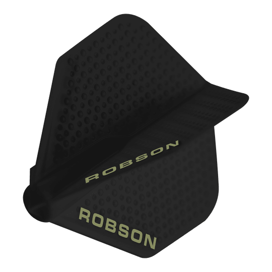 Vuelos Robson Plus Dimple - Negro Dies ist ein schwarzer Dartflight mit einer Dimple-Oberfläche. Auf dem Flight steht der Schriftzug „ROBSON“ in heller Farbe.