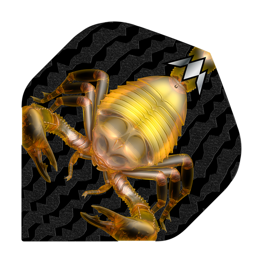 Vuelos estándar de Mission Solo Scorpion No2 Das Bild zeigt das Produkt "Mission Solo Scorpion No2 Standard Flights" mit einer goldenen Skorpion-Grafik. Der Hintergrund ist schwarz mit einem wellenförmigen Muster.