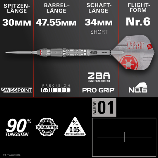 Dardos de acero Target Star Wars AT-AT Swiss Point Das Bild zeigt die Target Star Wars AT-AT Swiss Point Steeldarts. Es handelt sich um hochwertige Steeldarts im Stil des Star Wars AT-AT.