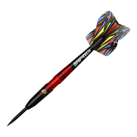 Dardos de acero GOAT Athlete de latón rojo - 11 g Dies ist der GOAT Athlete Red Brass Steeldart mit einem Gewicht von 11g. Er hat ein auffälliges, bunt gemustertes Flight-Design und einen roten Griffbereich.