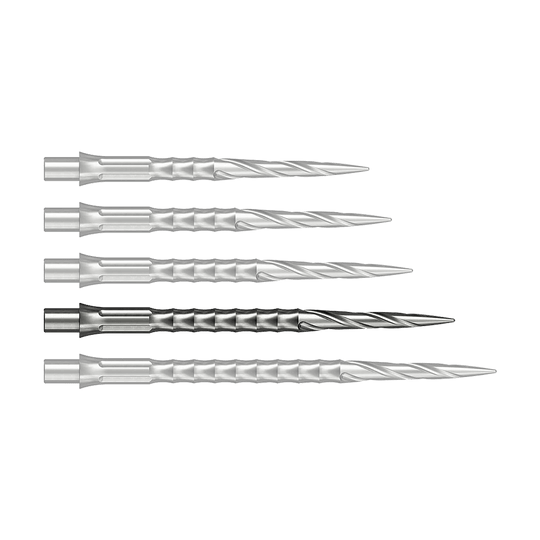 Puntas de dardos de acero Caliburn System - Spiro - NoLip - plateadas Dieses Bild zeigt eine silberne Steeldartspitze mit einer Länge von 36 mm. Die Spitze gehört zum Caliburn Evo System und ist vom Typ Spiro NoLip.