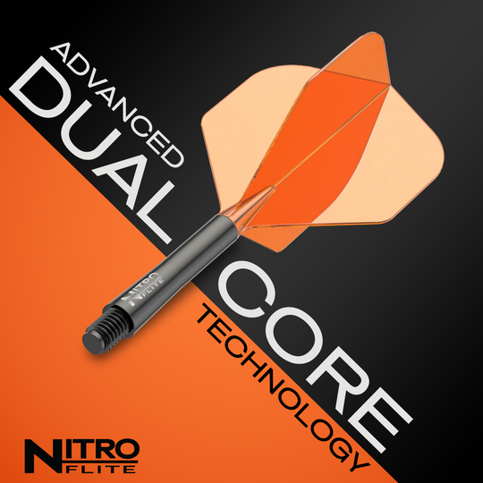 Das Bild zeigt das Produkt Red Dragon Nitroflite Black Shaft Orange Flights No2. Der Dart besitzt einen schwarzen Schaft und auffällige orange Flights.