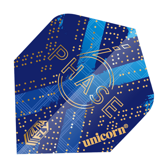 69451_Unicorn_World_Champion_Gary_Anderson_Phase_6_Plus_Flights_1 Das Bild zeigt ein Dart-Flight des Produkts "Unicorn Ultra Fly 100 Gary Anderson World Champion Phase 6 Plus". Das Design ist überwiegend blau mit goldenen Punkten und Schriftzügen.