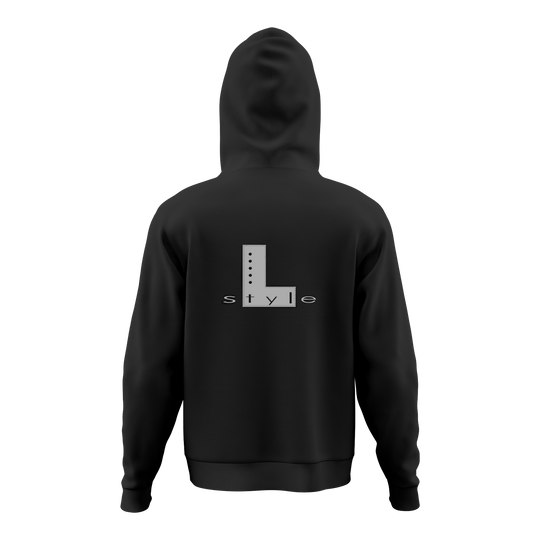 Sudadera con capucha estilo L, color negro Der Hoodie ist schwarz und hat auf dem Rücken ein großes "L style"-Logo in Grau. Das Design ist schlicht und modern gehalten.