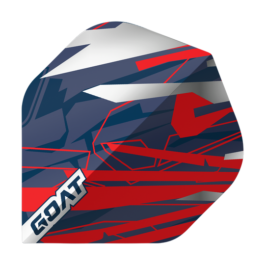 Vuelos estándar GOAT Homerun No. 2 Das Bild zeigt das Produkt "GOAT Homerun No2 Standard Flights". Es hat ein auffälliges Design in den Farben Blau, Rot, Weiß und Silber mit geometrischen Mustern und dem Schriftzug "GOAT" in einer Ecke.