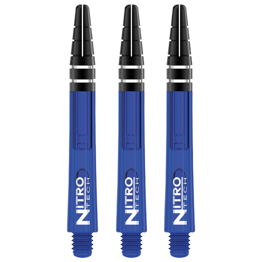 Das Bild zeigt drei blaue RedDragon Nitrotech Shafts. Die Shafts haben schwarze und silberne Akzente und sind für Darts gedacht.