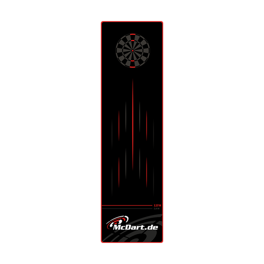 McDart Tops Dartteppich Das Bild zeigt den McDart Tops Dartteppich mit einem schwarzen Design und roten Akzenten. Oben ist eine Dartscheibe abgebildet und unten befindet sich das McDart.de-Logo.