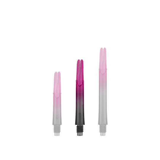 Cañas L-L-Style-Shaft Locked Straight Natural9 TwoTone - Rosa Auf dem Bild sind drei unterschiedlich lange, zweifarbige Dartschäfte zu sehen. Sie sind unten schwarz und gehen nach oben in ein kräftiges Pink über.