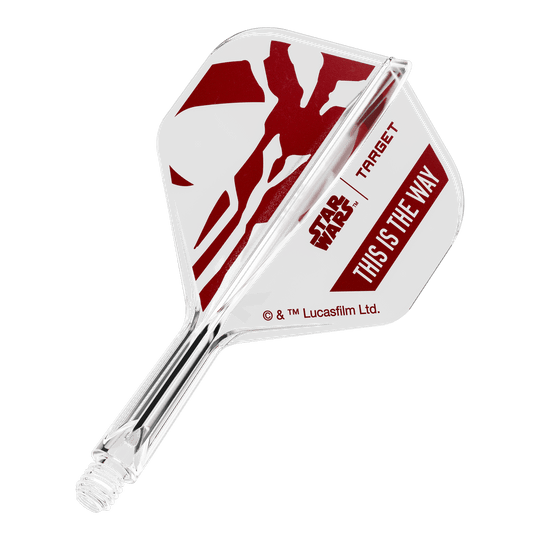 Abgebildet ist ein Flight für Darts, inspiriert von Star Wars. Es handelt sich um das Modell 'K-Flex This Is The Way No2 Standard Flights' mit 19mm Größe.
