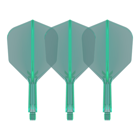 Auf dem Bild sind drei grüne Dartflights mit integriertem Schaft zu sehen. Sie stehen nebeneinander und haben eine transparente Optik.