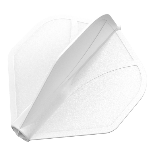 Perfil aerodinámico moldeado No2 Vuelos estándar Das Bild zeigt eine weiße Dart-Flugfeder in Standardform. Die Oberfläche wirkt strukturiert und leicht glänzend.