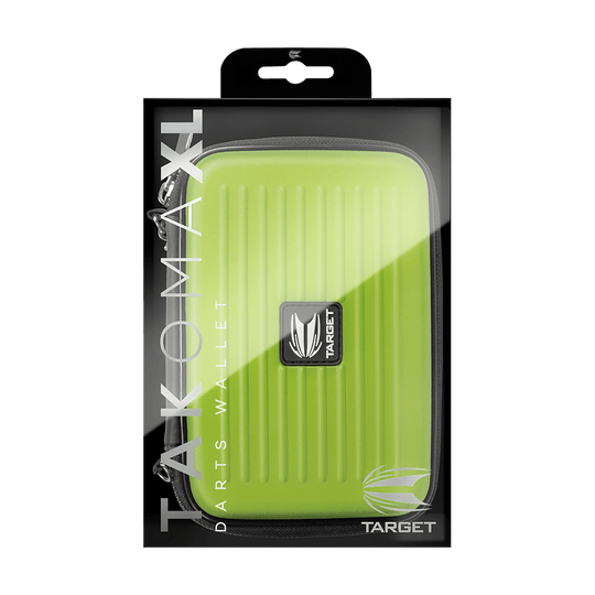 125858_Target_Takoma_XL_Dartwallet_Gr-n_3 Das Bild zeigt das Produkt "Target Takoma XL Dartwallet" in einer Verpackung. Das Dartwallet ist grün und hat ein modernes, geriffeltes Design mit dem Target-Logo in der Mitte.