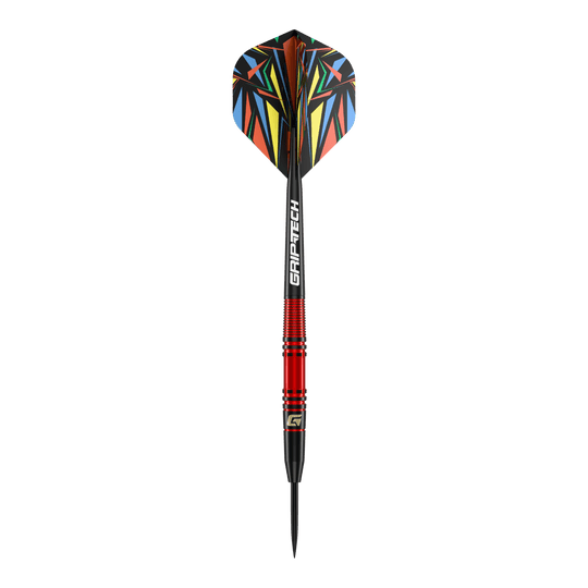 Dardos de acero GOAT Athlete de latón rojo - 11 g Das Bild zeigt einen GOAT Athlete Red Brass Steeldart mit einem Gewicht von 11g. Er hat einen roten Schaft und bunte Flights mit geometrischen Mustern.