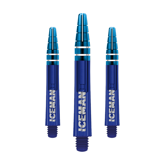 C810_Red_Dragon_Nitrotech_Gerwyn_Price_Blue_Shafts_36mm_1 Das Bild zeigt drei blaue Dartschäfte mit silbernen Ringen. Auf jedem Schaft steht in weißer Schrift das Wort "ICEMAN".