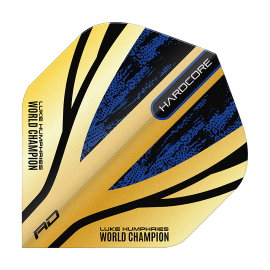 Vuelos Red Dragon Hardcore Premium Luke Humphries Gold Standard Das Bild zeigt das Produkt "Red Dragon Hardcore Premium Luke Humphries Gold Standard Flights". Die Darts-Flights sind gold, blau und schwarz und tragen die Aufschrift "WORLD CHAMPION" und "HARDCORE".